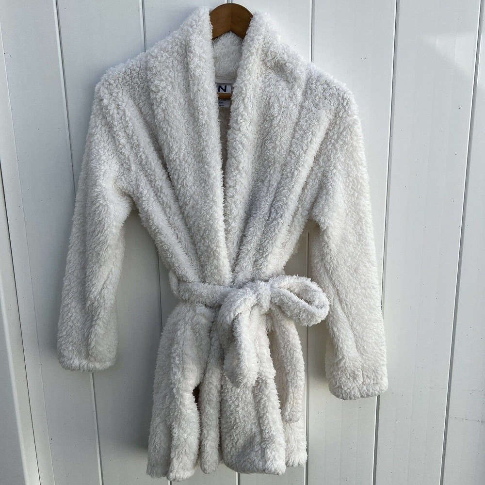 NATORI L/S Ivory Sherpa Fleece Short Belted Plush Lounge Cardigan Robe S/M